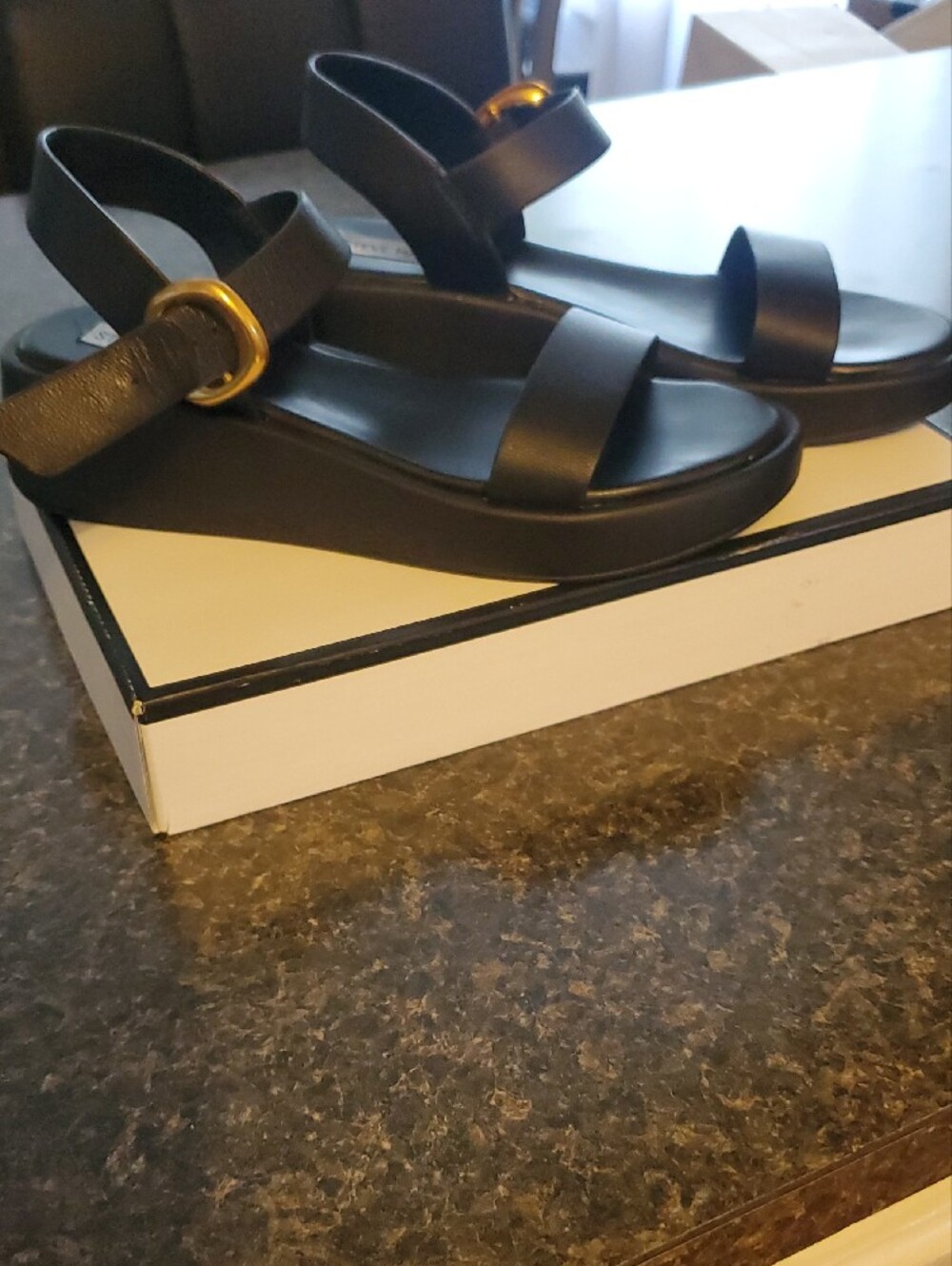Steve Madden Black Leather Slingback Sandals with Gold Buckle - Picture 2 of 7